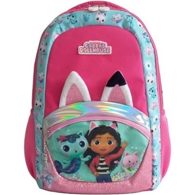 Mochila infantil rosa e azul com personagem animada e orelhas 3D