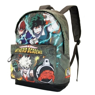 Mochila estampada My Hero Academia com personagens em pose de ação