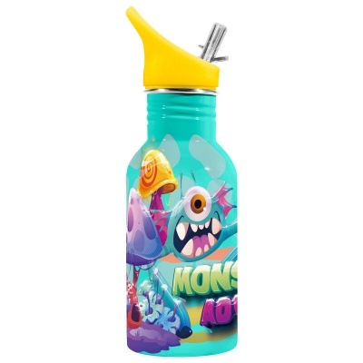 Garrafa metálica azul com tampa amarela e bico de metal, decorada com monstro e cogumelos coloridos.