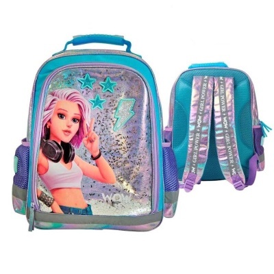 Mochila juvenil azul e lilás com desenho de rapariga e símbolos brilhantes