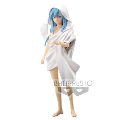 Figura anime com cabelo azul e capa branca estilo toalha