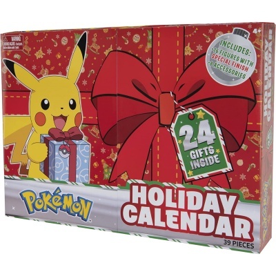 Caixa de calendário Pokémon Holiday Calendar com Pikachu e presente, cor vermelha com dourado.