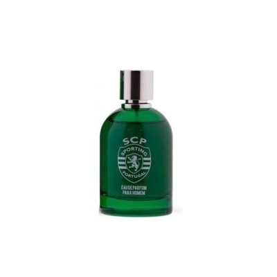 Frasco de perfume verde com texto SCP Sporting Portugal