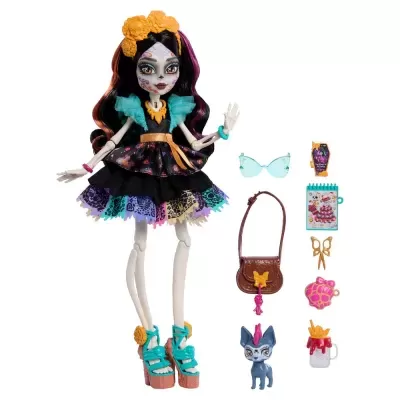 Boneca esqueleto com vestido preto colorido e acessórios variados