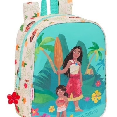 Mochila infantil com ilustração colorida de personagens da Oceania e padrão floral