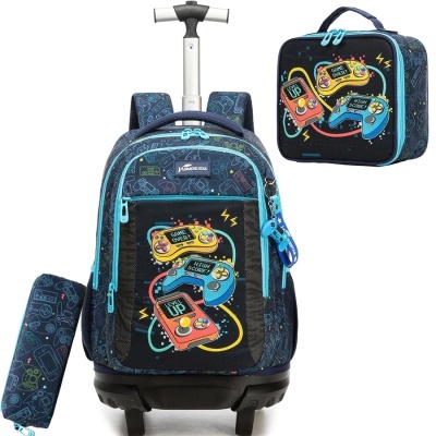 Mochila de rodas e acessórios com padrão de videojogos e cores azul, amarelo e vermelho