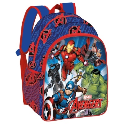 Mochila infantil azul e vermelha com personagens dos Avengers da Marvel