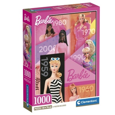 Caixa de puzzle de 1000 peças da Barbie com imagens de diferentes décadas