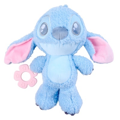 Pelúcia azul clara com orelhas cor de rosa segurando brinquedo rosa