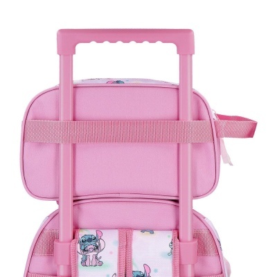 Mochila rosa com rodinhas e personagens coloridos