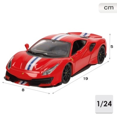 Miniatura de carro desportivo vermelho com faixas brancas e azuis e jantes pretas