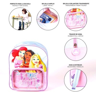 Mochila rosa com imagem de personagens femininas e bolso transparente frontal