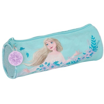 Estojo azul claro cilíndrico com personagem Elsa da Disney e folhas decorativas