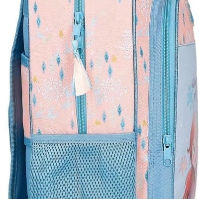 Mochila infantil rosa e azul com desenhos e bolso lateral em rede azul