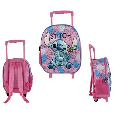 Mochila rosa com personagem Stitch e puxador retrátil