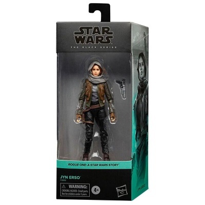Figura Jyn Erso de Star Wars na embalagem com fundo preto e verde