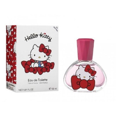 Perfume Hello Kitty com embalagem branca e frasco transparente e tampa rosa