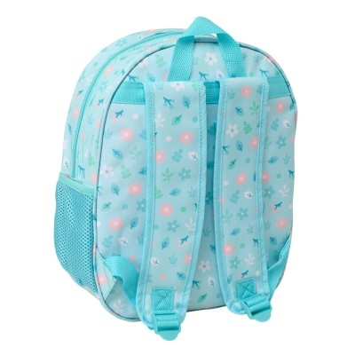Mochila azul clara com padrão floral e alças ajustáveis
