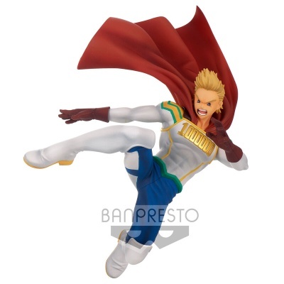 Figura de ação do personagem All Might em pose de chute com capa vermelha.