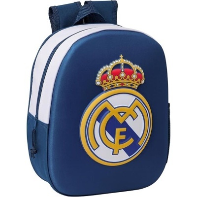 Mochila azul escura com emblema do Real Madrid na frente