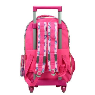 Mochila escolar rosa com carrinho e alças com padrão de corações azuis