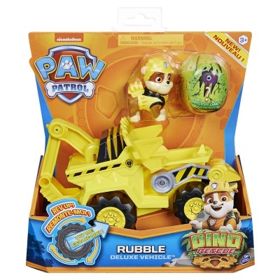 Brinquedo PAW Patrol Rubble com veículo amarelo e bola verde em embalagem