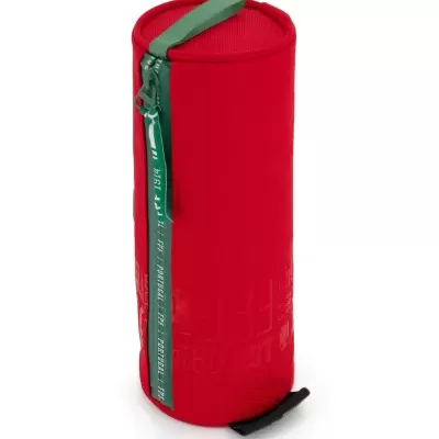 Estojo cilíndrico vermelho com fecho verde e alça, texturizado
