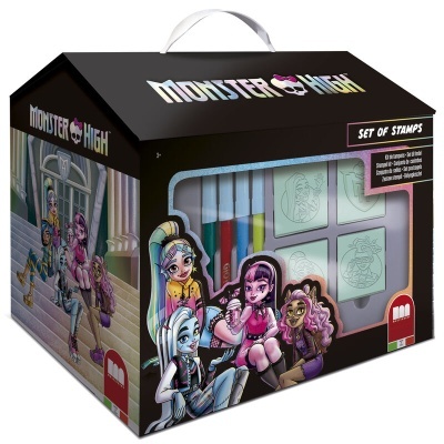 Conjunto de carimbos Monster High com quatro marcadores e caixa preta com imagens das personagens