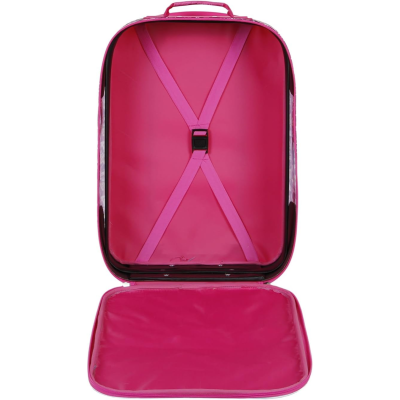 Mala de viagem rígida cor de rosa aberta mostrando interior com cintas elásticas