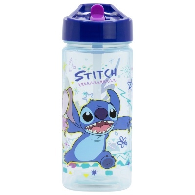 Garrafa plástica com personagem Stitch e tampa azul