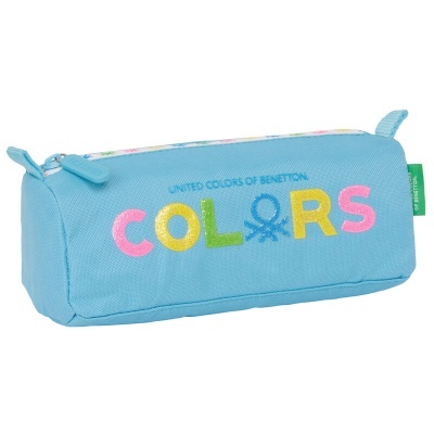 Estojo azul claro com texto colorido da United Colors of Benetton