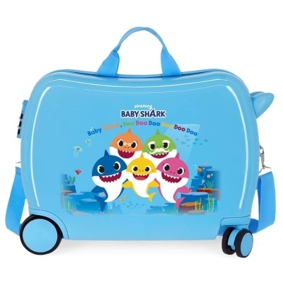 Mala de viagem infantil azul claro com personagens Baby Shark coloridos