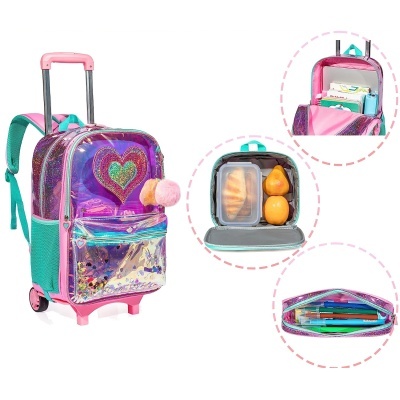 Mochila de carrinho infantil holográfica rosa com coração e compartimentos internos