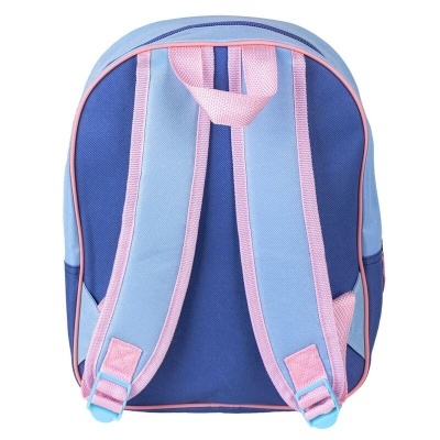 Mochila azul e rosa vista de costas com alças acolchoadas.