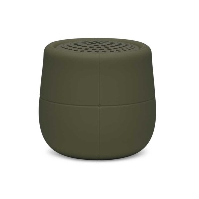 Coluna de som portátil verde escura arredondada com superfície perfurada