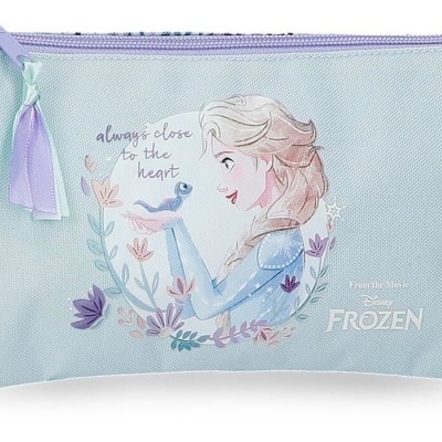 Estojo escolar azul claro com ilustração da Elsa de Frozen e texto.