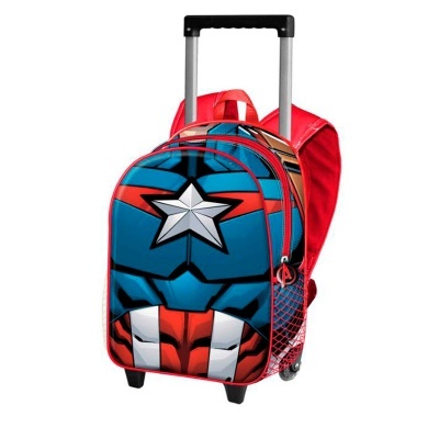 mochila com carrinho azul e vermelho com estampa de personagem e estrela branca