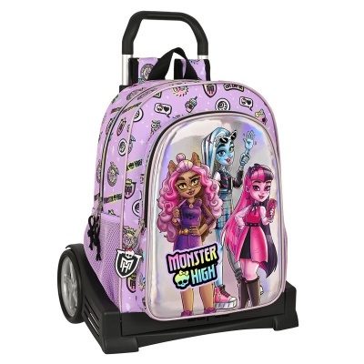 Mochila de rodinhas lilás Monster High com três personagens frontais