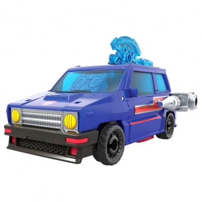 Carrinho de brinquedo azul com faróis amarelos e detalhes vermelhos