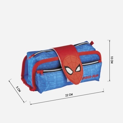Estojo escolar azul e vermelho com rosto do Homem-Aranha e texto SPIDER-MAN