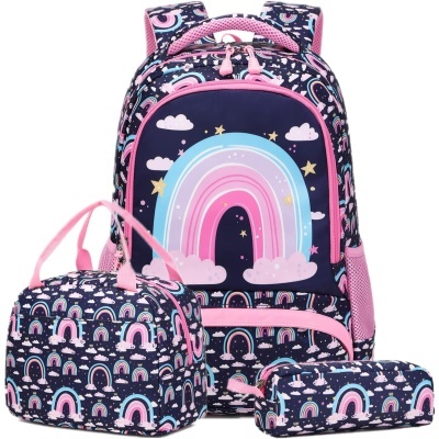 Conjunto de mochila, bolsa e estojo com padrão de arco-íris colorido em azul, rosa e branco