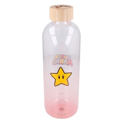 Garrafa transparente com estrela amarela e texto SUPER MARIO