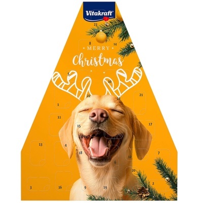Calendário do advento Vitakraft com cão feliz e decoração de Natal laranja
