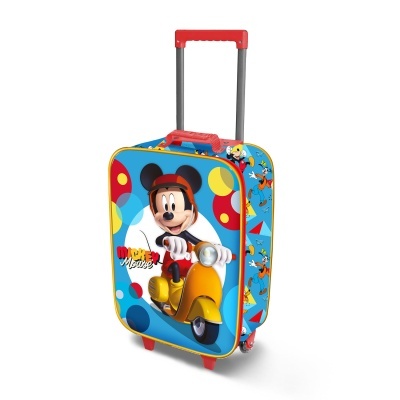 Mala infantil Mickey Mouse azul com scooter amarela e bolinhas coloridas.