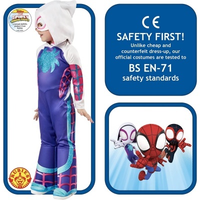 fantasia infantil de super homem-aranha azul, branco e rosa com padrão de teia