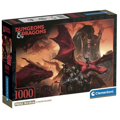 Caixa de puzzle Dungeons & Dragons com imagem de cavaleiro em dragão vermelho e castelo sombrio