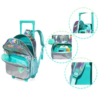 Mochila escolar turquesa com carrinho e detalhes holográficos brilhantes