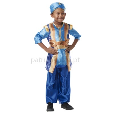 Fato infantil azul e castanho com padrão brilhante e lenço azul