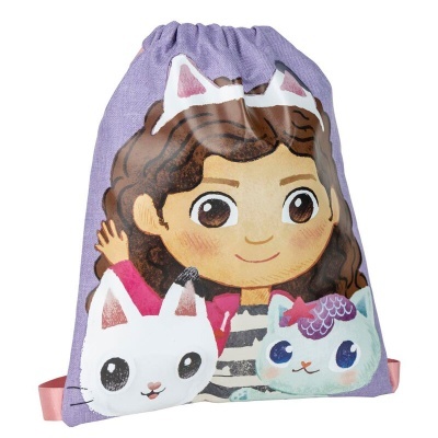 Mochila saco roxa com personagem de desenho animado e dois animais fofos impressos