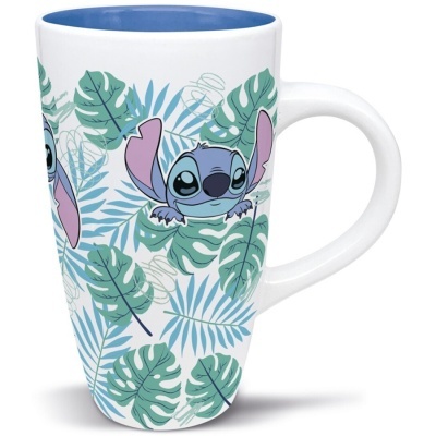 Caneca branca com interior azul e desenho do personagem Stitch rodeado por folhas verdes e azuis